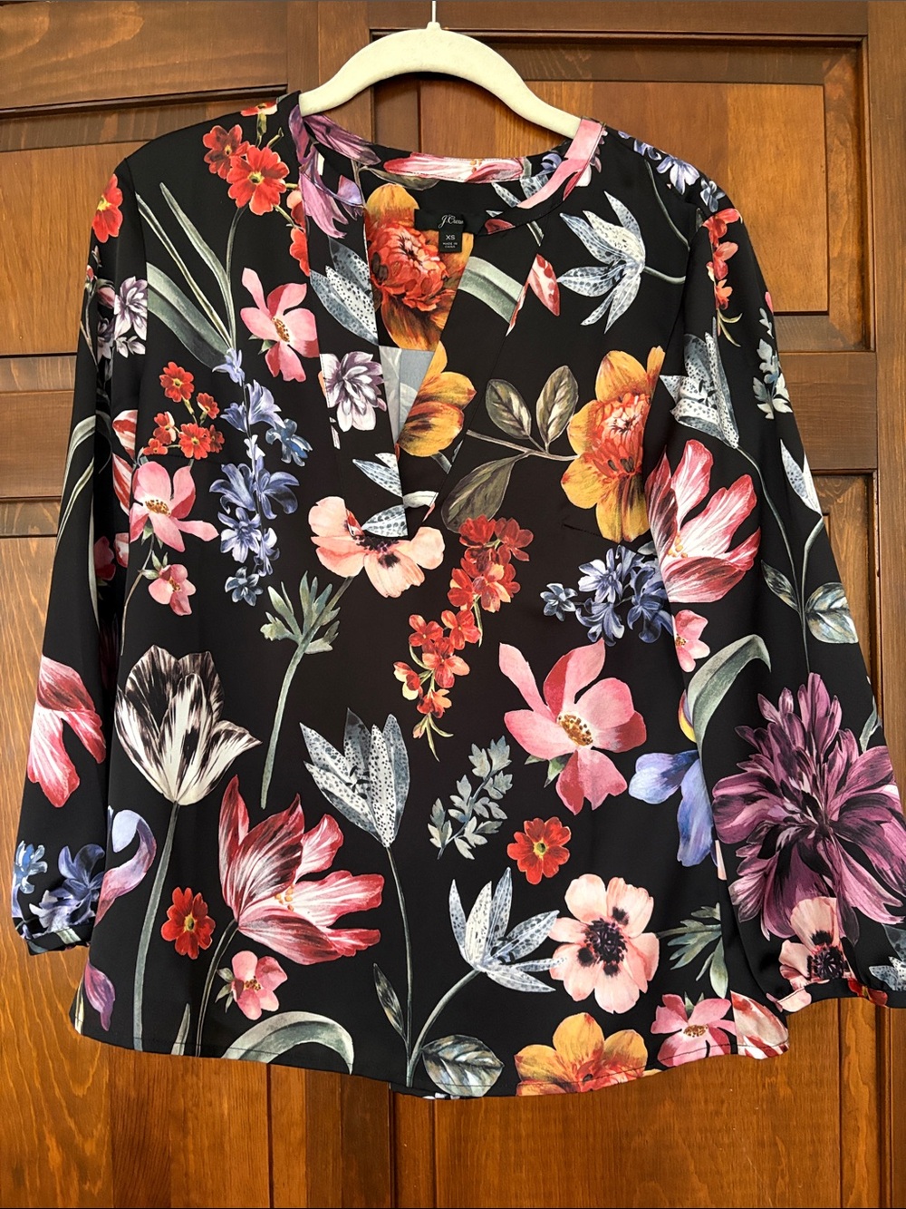 J. Crew Black Floral V-Neck Blouse